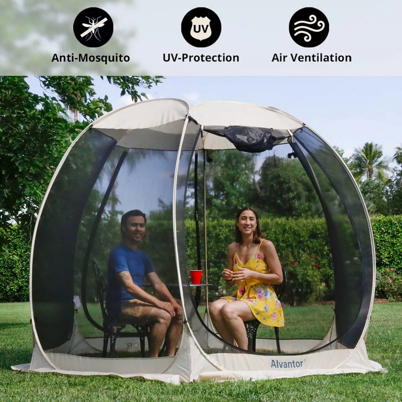 Beige 10' x 10' Pop Up Screen House Tent with Fiberglass Frame