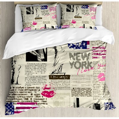 Newspaper New York with Sketchy Statue of Liberty and Texts Lipstick Vintage Duvet Cover Set -  Ambesonne, nev_36789_king