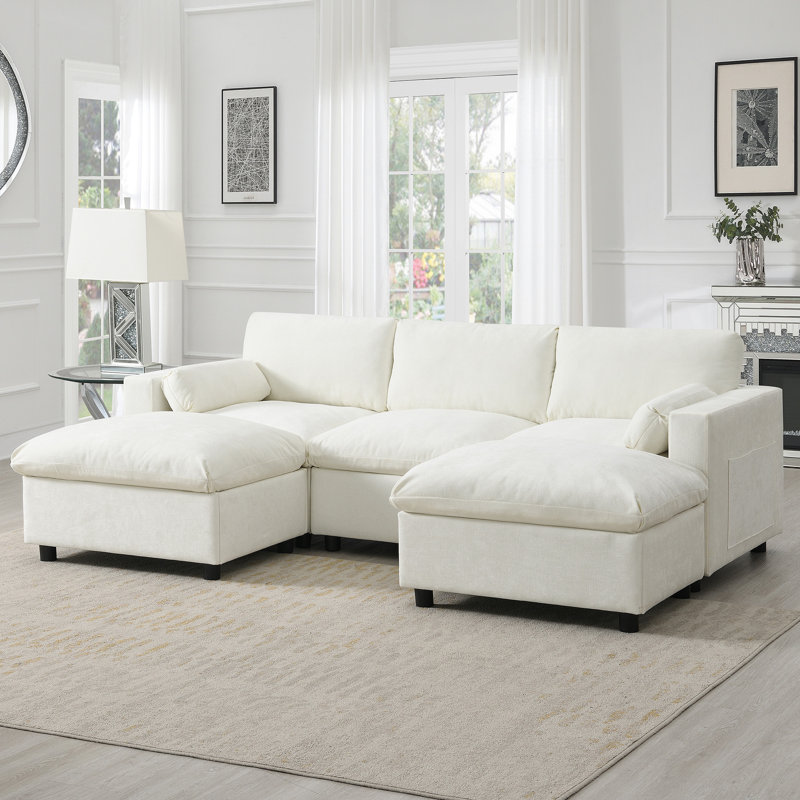 [VIDÉO] Canapé modulaire en U de 86,5 po avec poches de rangement, Chenille blanche