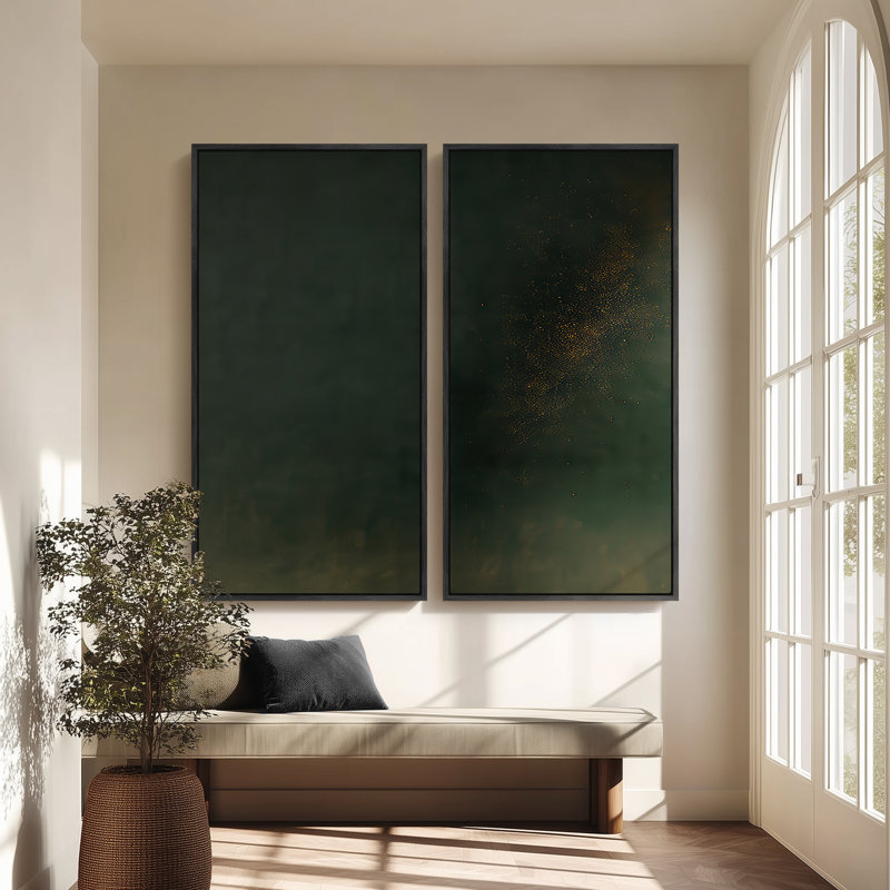 Grand ensemble d'art mural sur toile encadrée - Impressions abstraites vert foncé émeraude - 60 po x 30 po x 2 pièces, Noir