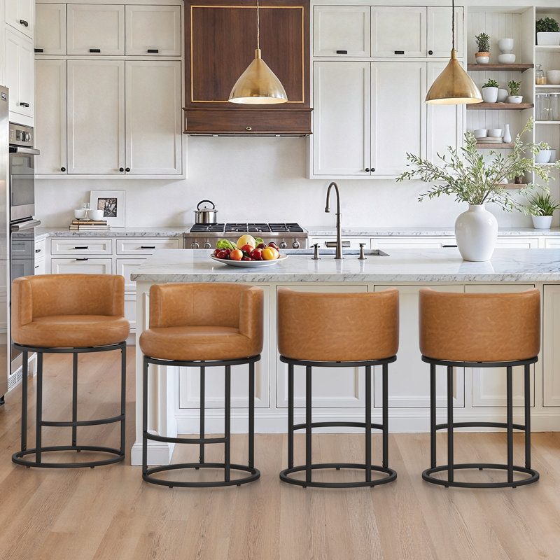 26"Sculptural Swivel Modern Counter Stool With Cylindrical Metal Frame, Whiskey Brown