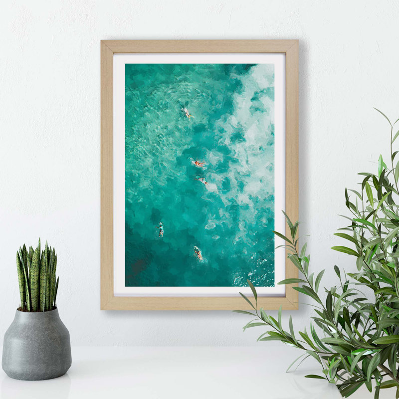 Surfers in Bondi Beach in Australia - Framed Print, 62cm H x 87cm W x 2cm D, Oak