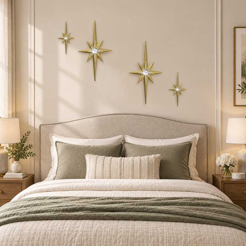 Ensemble de 4 décorations murales en métal doré en forme d'étoile avec des accents 3D scintillants
