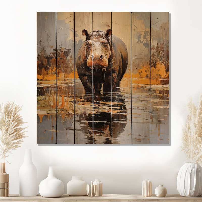 Hippopotame, roi des savanes 5 - Hippopotame sur bois, H 15 po x l 15 po