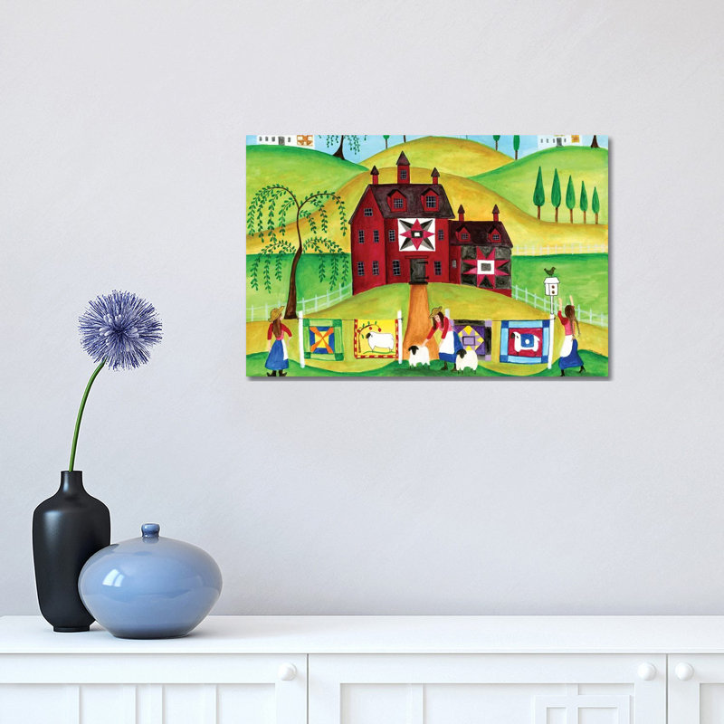 Red Barn Quilt House by Cheryl Bartley - Painting on Canvas, Wrapped Canvas, 30.48cm H x 45.72cm W x 1.91cm D