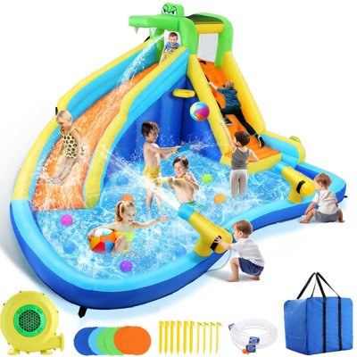 13.1' x 11.5' Inflatable Water Slide For Kids with Air Blower, Long Slide, Climbing, Water Cannons, Splash Pool, Basketball Hoop