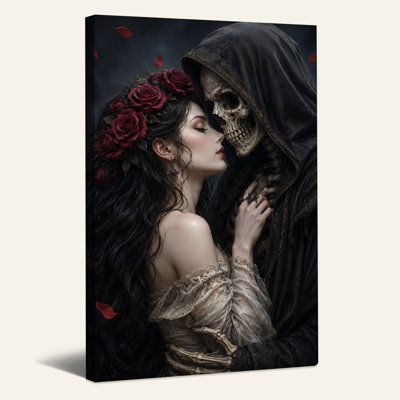 Art gothique sur toile femme gothique avec couronne de roses rouges et squelette