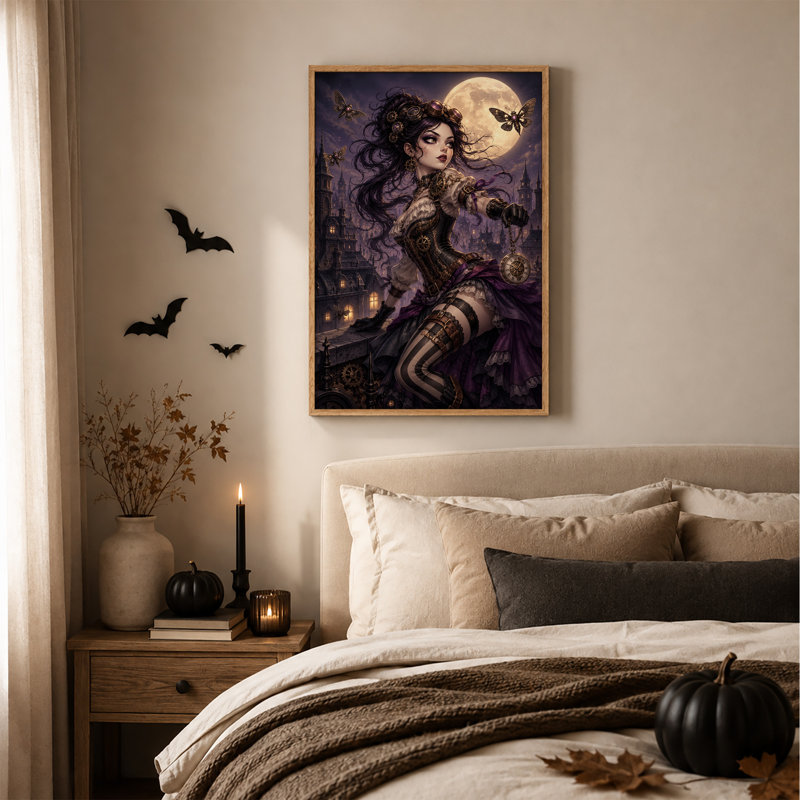 «Steampunk» mauve avec des papillons mécaniques et une toile d'Halloween, H 48 po x l 32 po