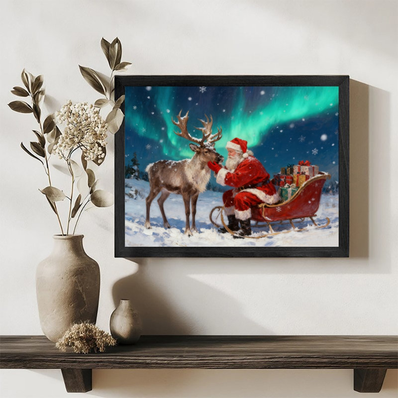 Art mural rétro noir encadré père Noël et renne dans la forêt d'hiver, H 17 po x l 25 po