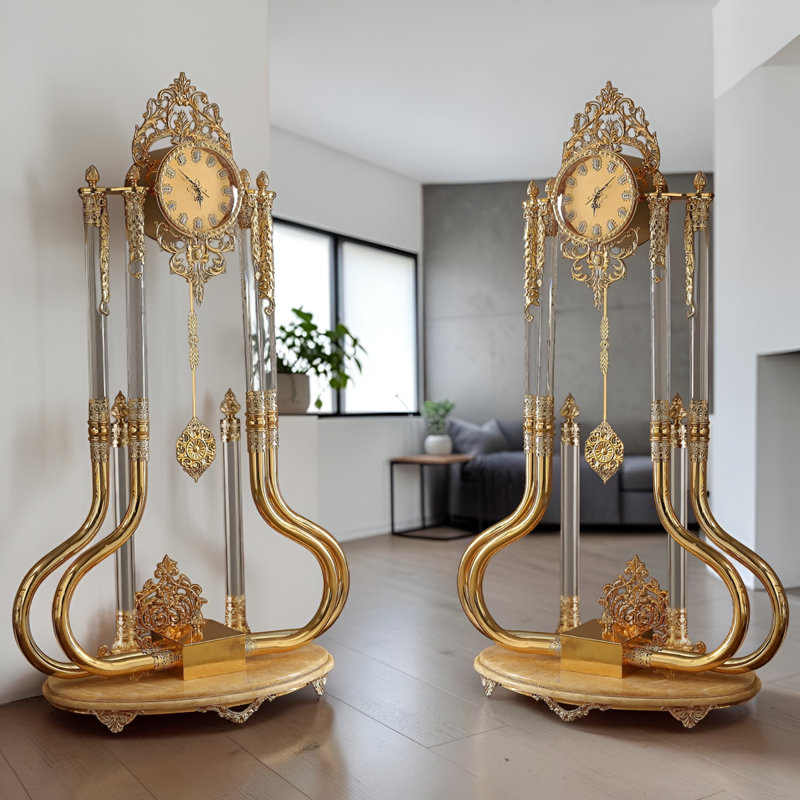 Gold Brass Ornate Floor Clock Lucite Marble Base Luxury Pendulum Clock