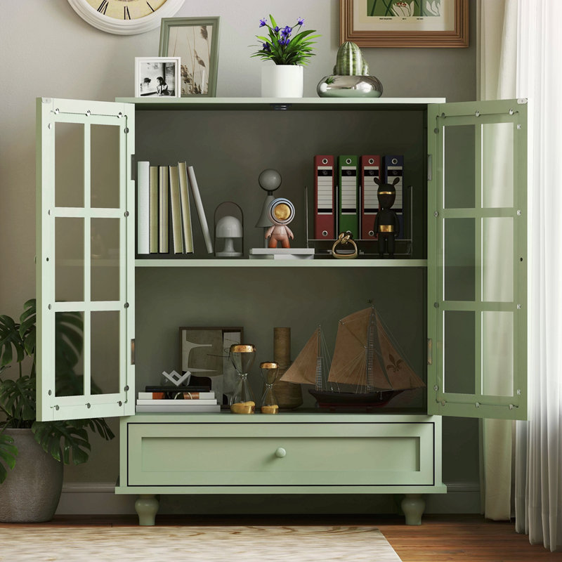 Armoire de minimalisme avec portes doubles en verre et tiroir, armoire de rangement moderne en bois pour le salon, le vestibule, le couloir d'entrée