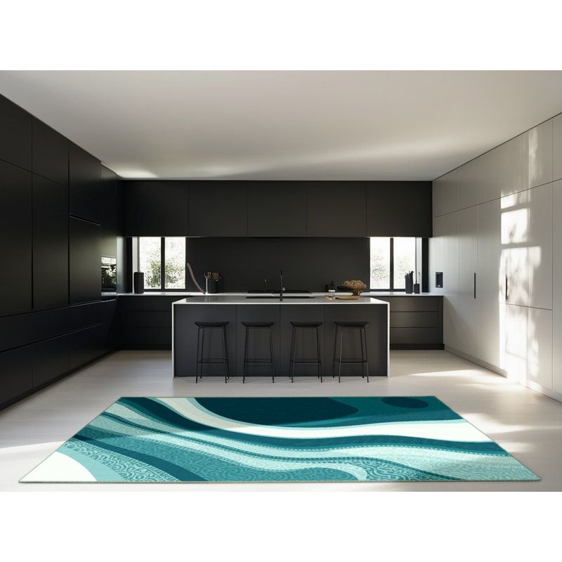 Tapis moelleux moelleux à motif abstrait tropical en bleu - reliure vert sauge, Rond 8 pi
