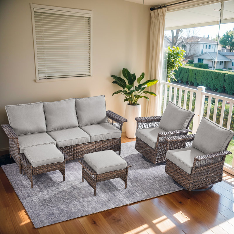 Tapash Outdoor Rattan Furniture Set - Stylish 3-Seat Wicker Sofa, 2 Swivel Glider Chairs With Cushions & 2 Comfortable Ottomans - Perfect For Patio, Garden, And Backyard Relaxation