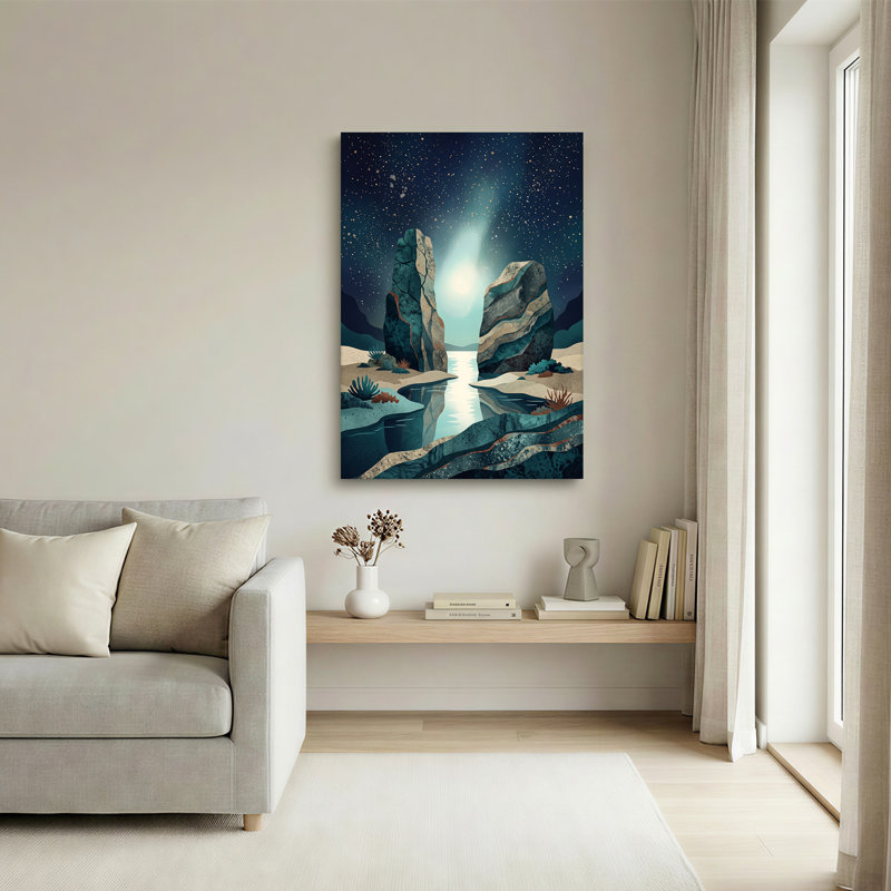 «Blue Rock Formation Under Starry Night Sky», art mural, 24"H x 18"W