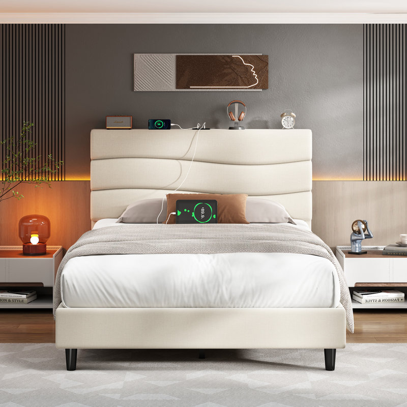 Upholstered Storage Bed with Charging Station, Beige, Twin