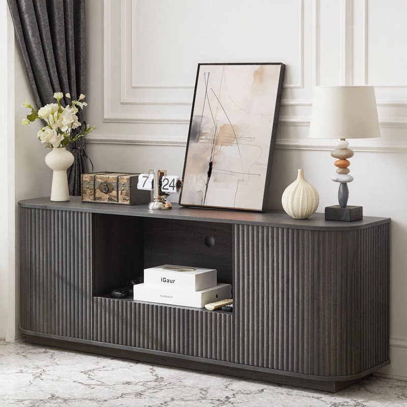 Joel Vertical Striped TV Stand with Drawer & Shelves, Black
