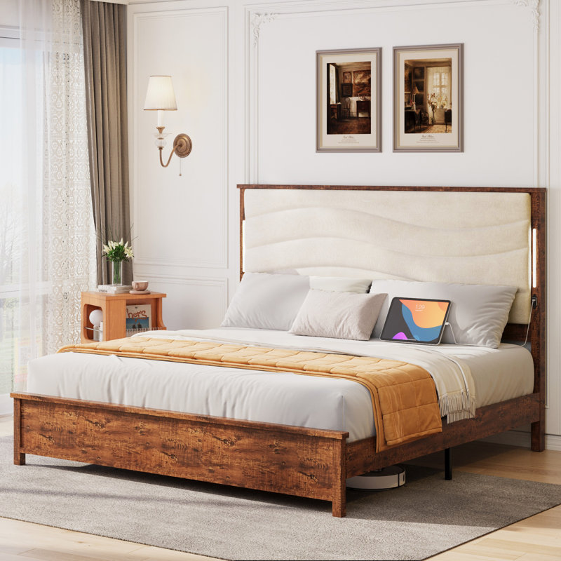 Wood and Upholstered Bed Frame with Tall Headboard, King
