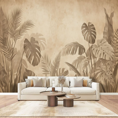 Papier peint adhésif pelez et collez, motif abstrait de feuilles tropicales, tons bruns terreux, art mural rétro auto-adhésif et amovible