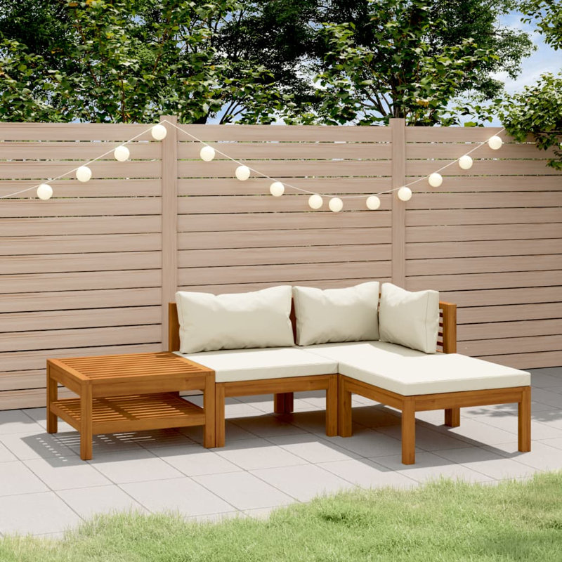 Ensemble de canapé de jardin d'extérieur en bois de polyester d'acacia massif crème, Crème
