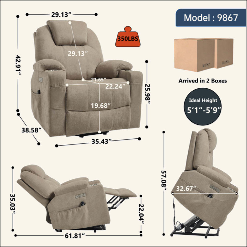 Up To 350 LBS Polyester Power Lift Recliner Chair, Heavy Duty Motion Mechanism With 8-Point Vibration Massage And Lumbar Heating, USB And Type-C Ports, Stainless Steel Cup Holders