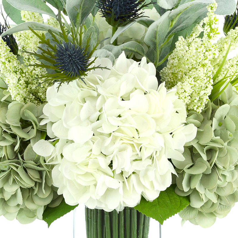 Assorted Hydrangeas, Lamb's Ear and Protea Arranged in Glass Vase