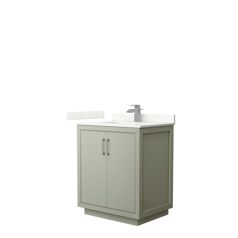 Meuble-lavabo sur pied simple 30 po avec comptoir en quartz, Quartz Giotto, Vert clair, Nickel brossé