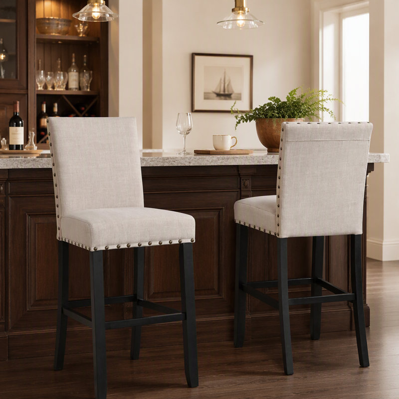 Tabourets de bar en tissu avec garniture cloutée, ensemble de 2