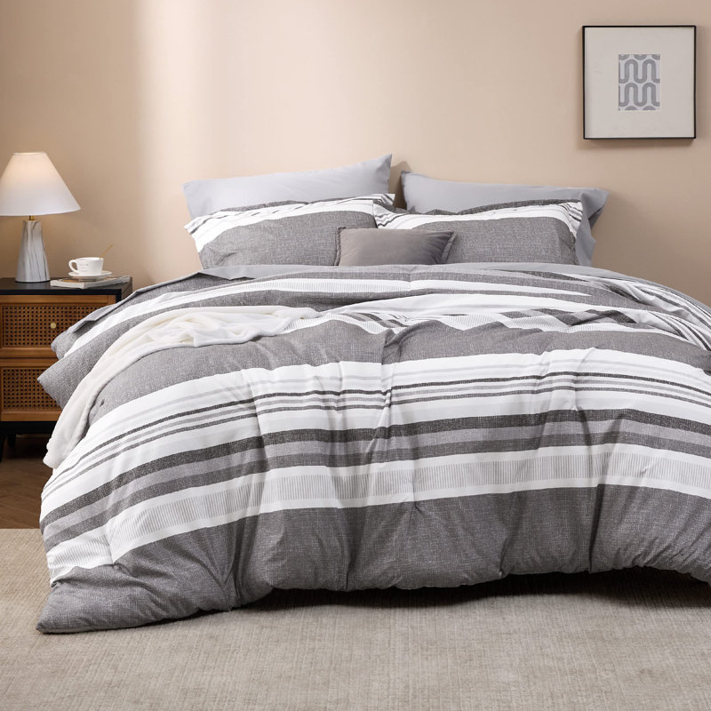 Bedsure Striped All Season Comforter Set, King Comforter + 6 Additional Pieces, Frost Gray