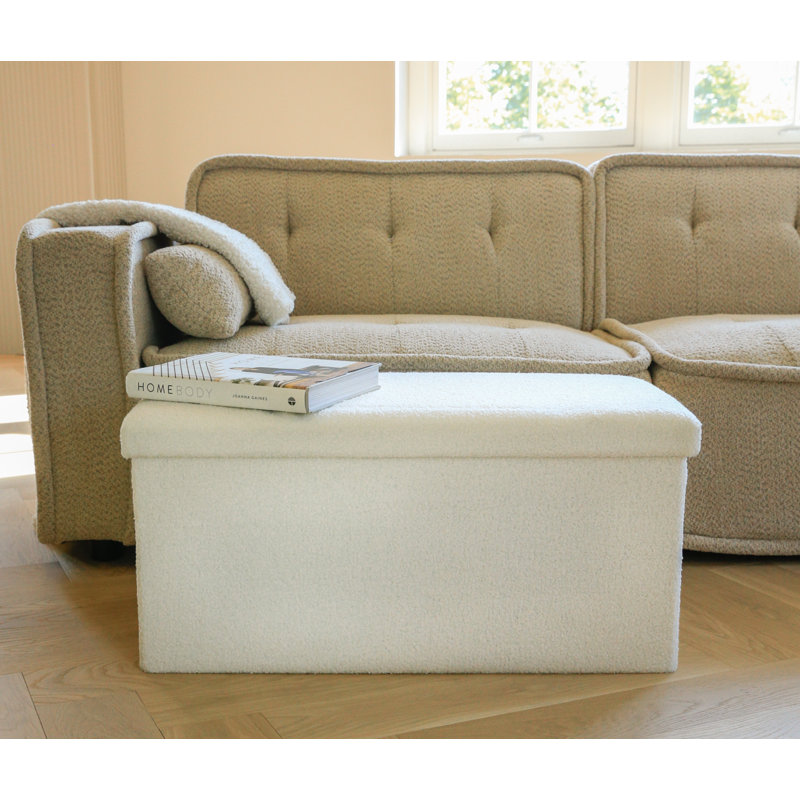 Go-Poufs Knock-Down Rectangular Teddy Boucle Storage Ottoman | 30"x15"x15" |, White Cotton Blend