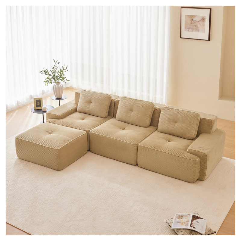 Canapé modulaire en forme de L, canapé en velours côtelé 3 places avec repose-pieds mobile, H 27,1 po x l 116 po x P 40,9 po