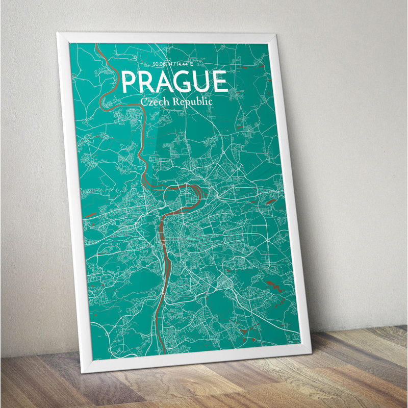Prague City Map - Unframed Graphic Art Print on Paper, 61cm H x 45.7cm W x 0.13cm D, Teal
