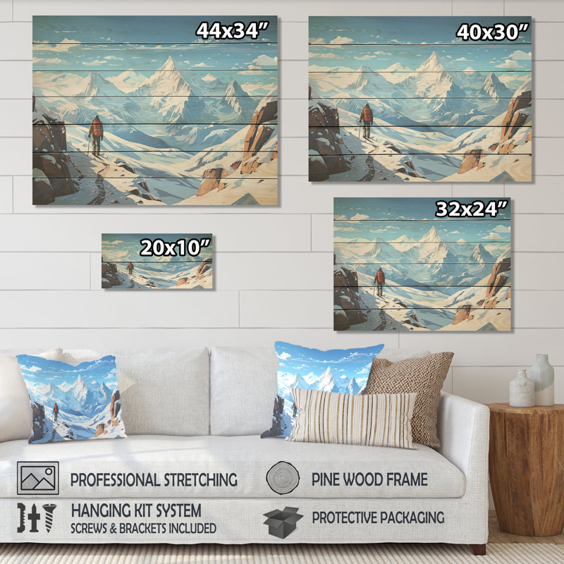 Hiking Skiing Winter Mountain Solitude - Hiking On Wood Print, 34" H x 44" W x 0.78" D