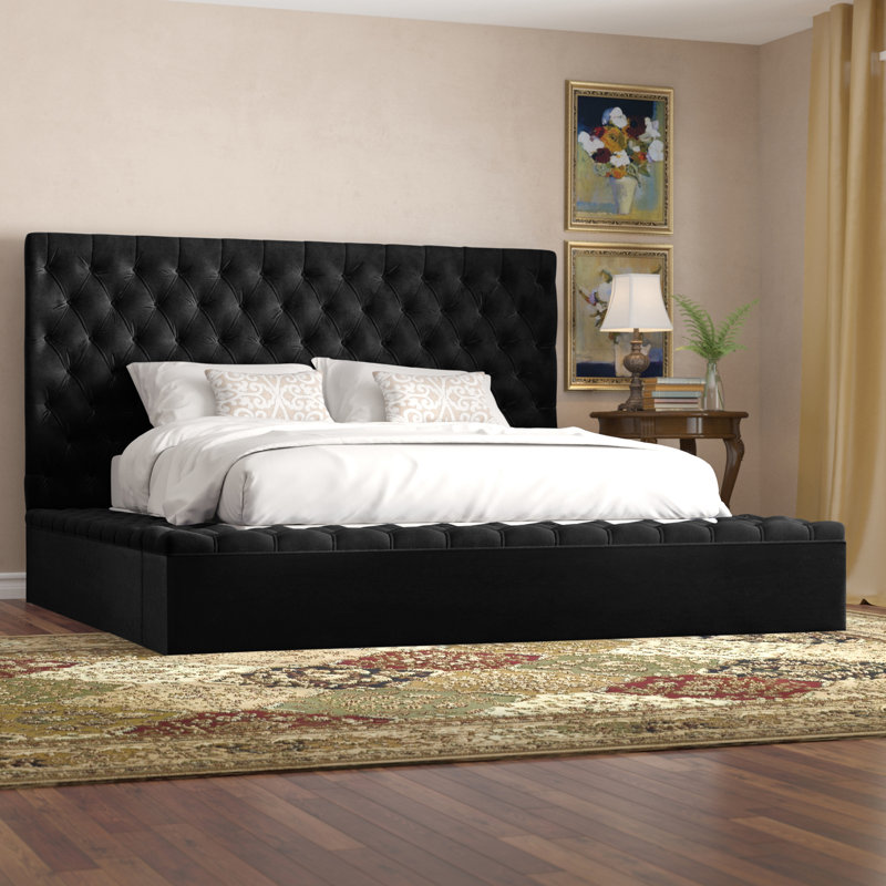 Lit plateforme tapissier avec rangement Johnnay, Grand, Velours noir