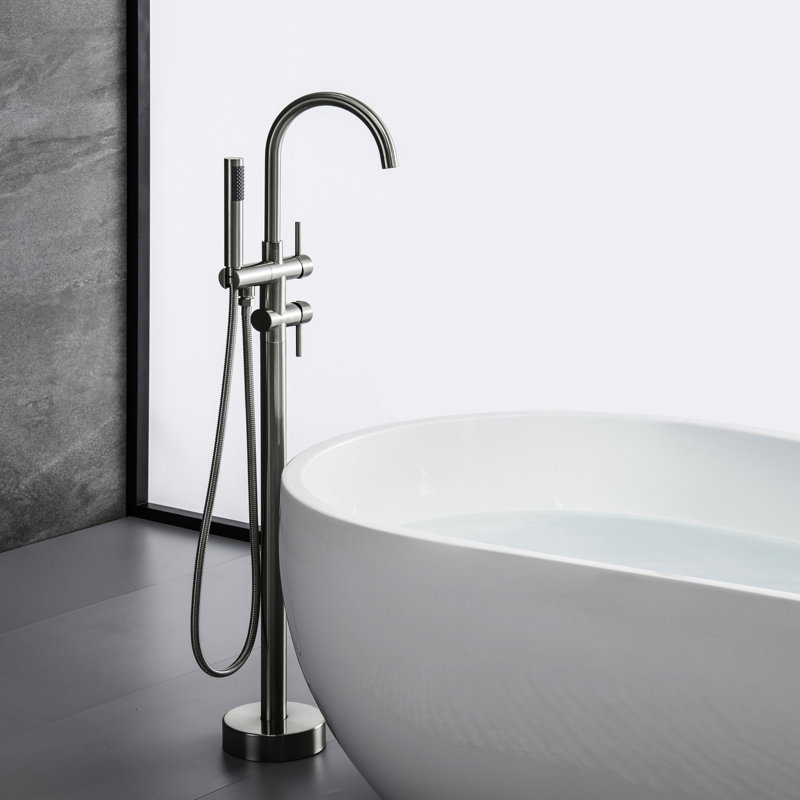 Robinet de baignoire en laiton massif avec - Nickel brossé, 2 poignées, style levier, résistance à la corrosion en nickel et à la rouille, 6 GPM (bec de baignoire), (douche à main