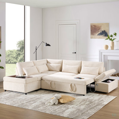 107'' Sectional Sleeper Sofa Bed with Pull Out Couch, L-shaped with Adjustable Armrest, USB&Type-C Charging, Free Movement Storage Ottoman, Free Combination for Living Room&Apartment, Chenille