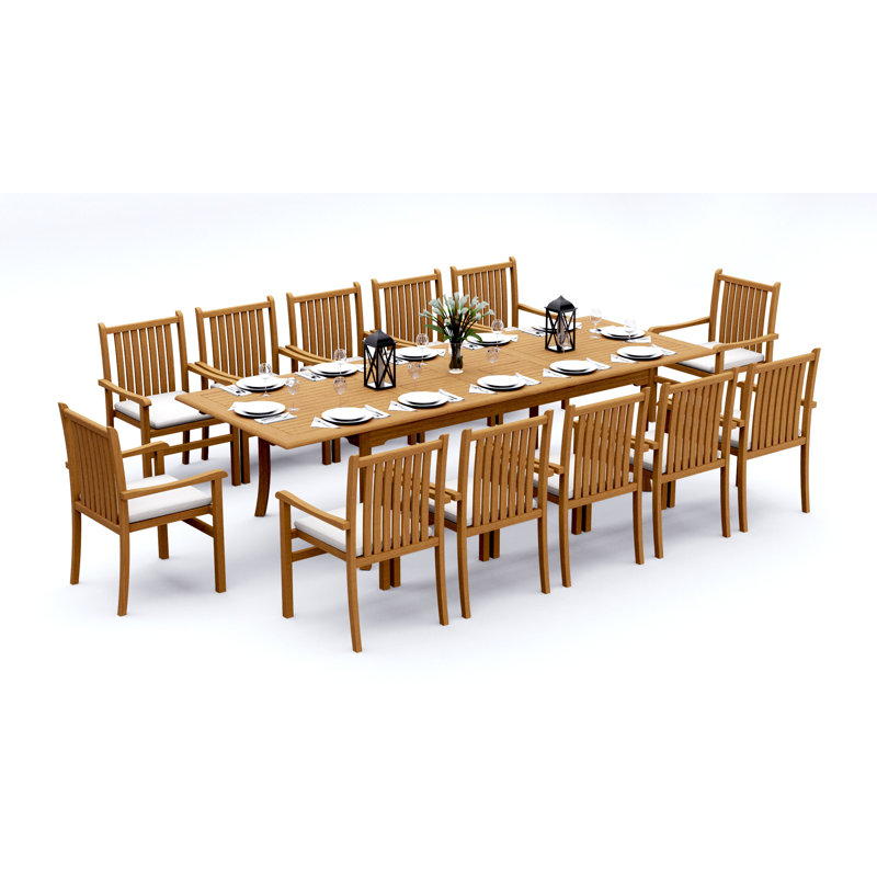 Ensemble de salle à manger en bois de teck Grade-A: table rectangulaire à double extension et fauteuils empilables Angarano # 11CH2412