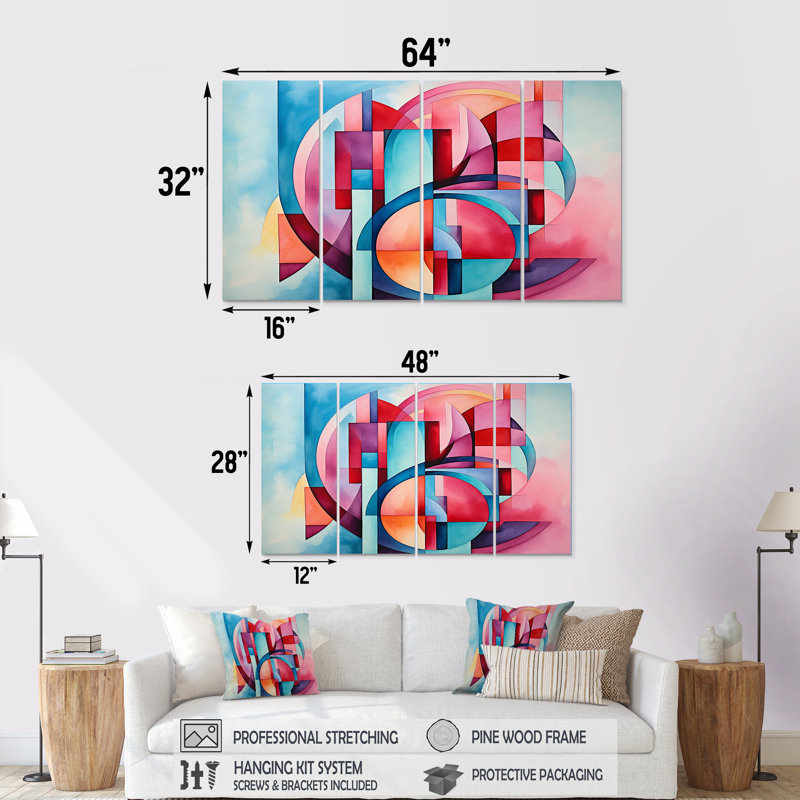 Ensemble de 4 décorations géométriques abstraites géométriques roses et bleues, H 32 po x l 64 po