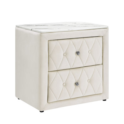 Modern Style Bedroom Nightstand With Faux Marble Top, Button Fabric And Two Storage Compartments Surface, Drawers For Bedside Setting Accent