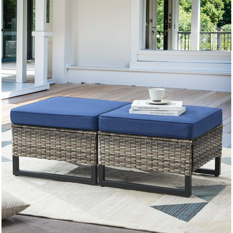 Repose-pieds d'extérieur en osier avec coussins en oléfine Naresa, Gris, Bleu