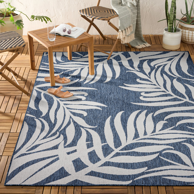 TOMMY BAHAMA Patio Country Botanical Coastal  Indoor/Outdoor Area Rug, Navy/Cream, 7'10"x10'2", 7'10"x10'2", Navy/Cream