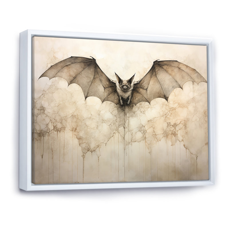 Ailes ouvertes de chauve-souris beiges sur toile, H 24 po x l 32 po x P 1 po, Cadre flottant blanc
