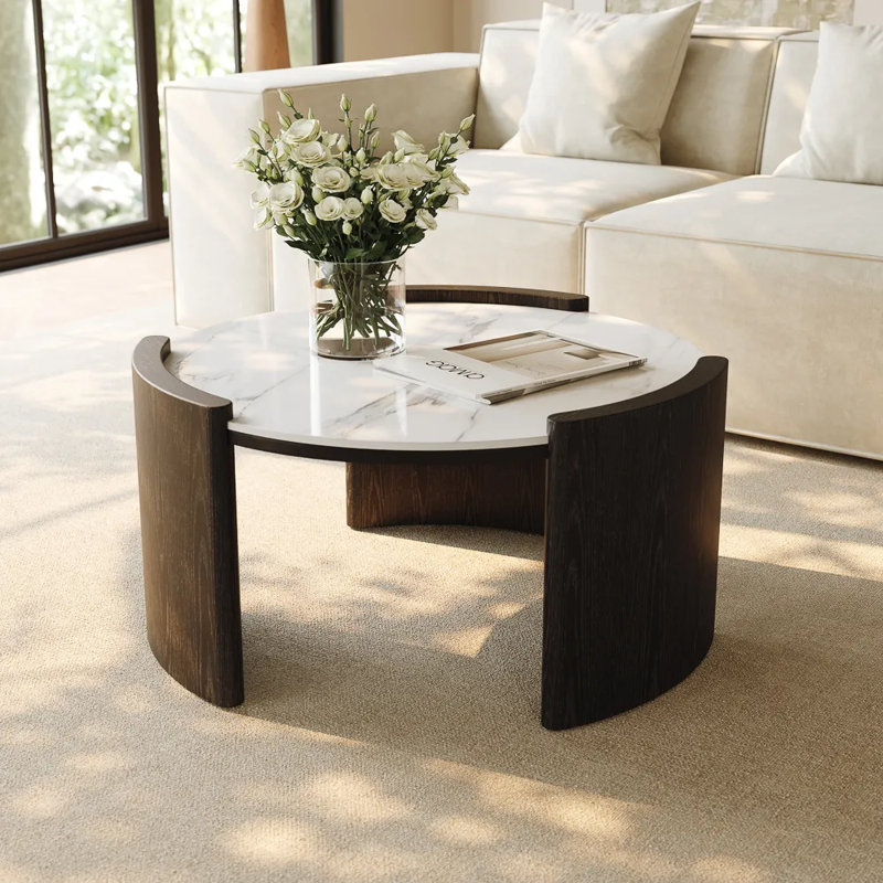 Table basse ronde en pierre frittée, H 15 po x L 39 po x l 39 po, Blanc, Noir