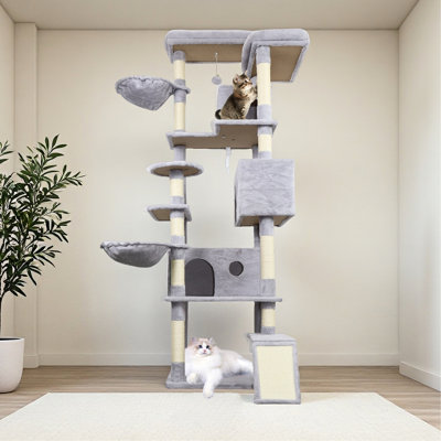 Arbre à chat de 84 pouces avec structure stable de couleur gris foncé, poteaux et condos spacieux pour plusieurs chats, poteau à griffer, plateforme, jeu interactif