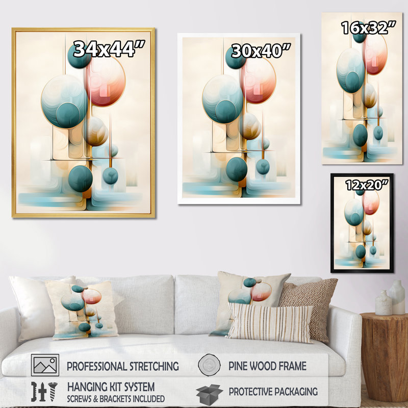 Fusion circulaire dans des tons de bleu rétro I - impressions d'art géométriques modernes, 20" H x 12" W, Cadre flottant doré