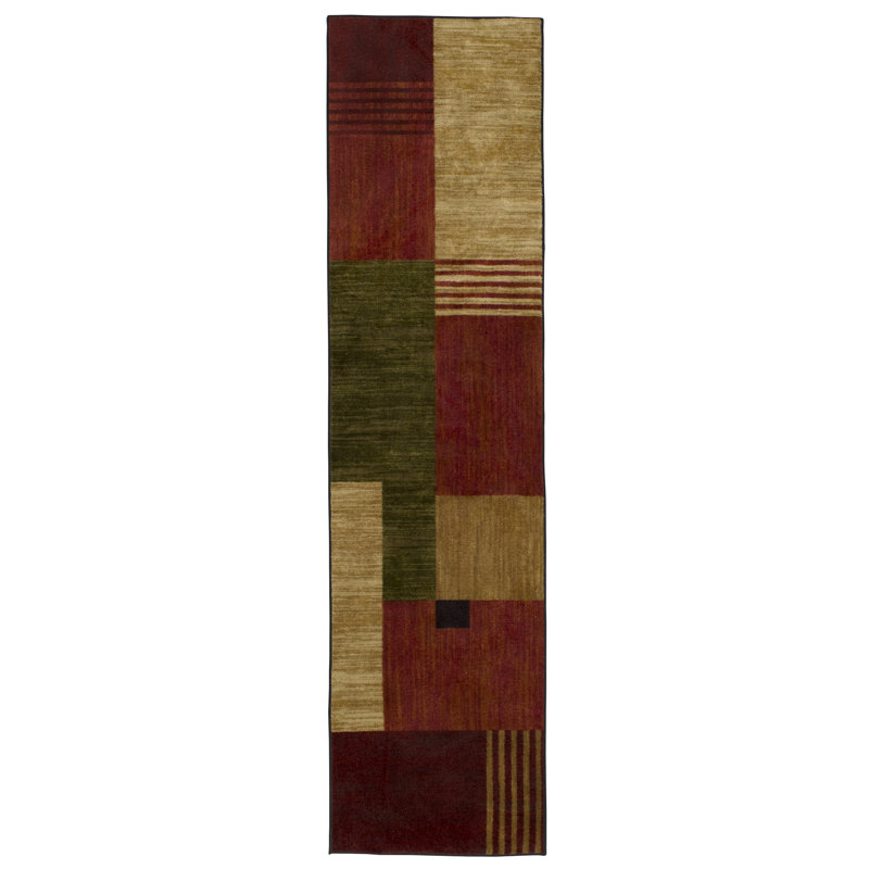 Tapis brun clair / rouge touffeté à motif géométrique Beunka, Tapis de couloir 2 pi x 5 pi