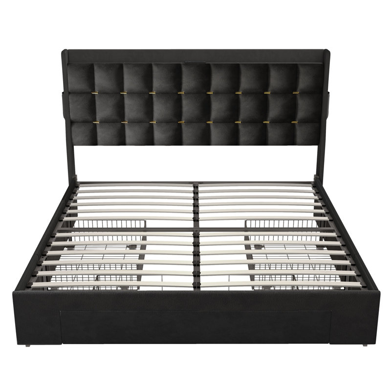Velvet Upholstered Bed Frame With LED Headboard,3 Rolling Drawers And Power Outlets, Queen, Black
