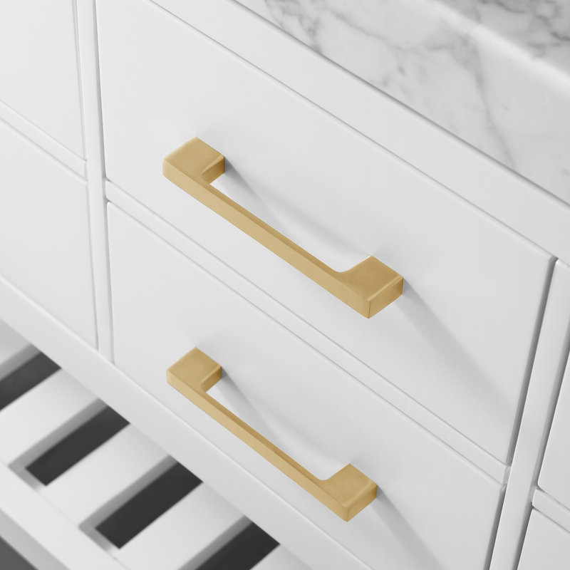 Ensemble de meuble-lavabo simple 48 po Carrie, Blanc/or brossé, Marbre blanc de Carrare