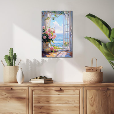  Flower Canvas Wall Art, Rustic Charm Window View Floral Artwork, Serene Pink Rose Painting, Country Bloom Prints for Bathroom, Bedroom, or Living Room Canvas Wall Decor, 12x16 inches