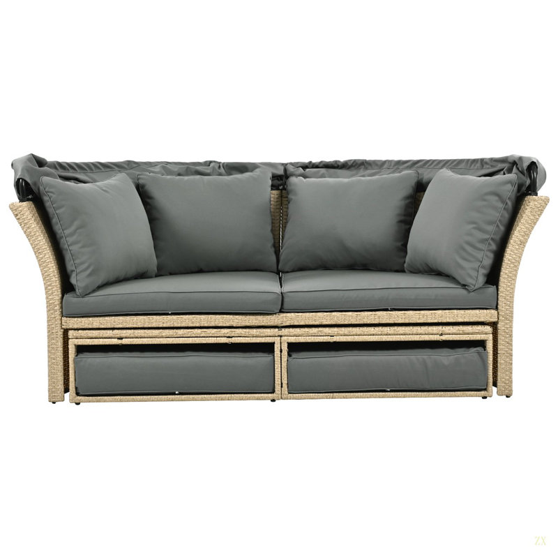 Ensemble de mobilier d'extérieur pour lit de jour en rotin et osier avec canapé escamotable et 4 coussins, Gris