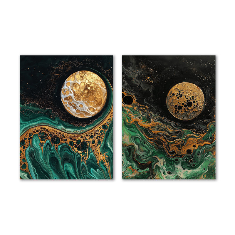 Mystery Reverie of the Moon I - Ensemble de 2 décorations murales célestes dorées en métal, 32" H x 48" W